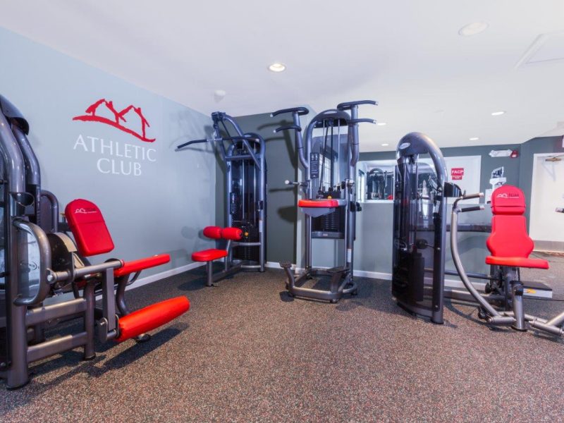 This image shows an expansive view of the fitness gym equipment featuring the standard treadmill, elliptical, and bike.